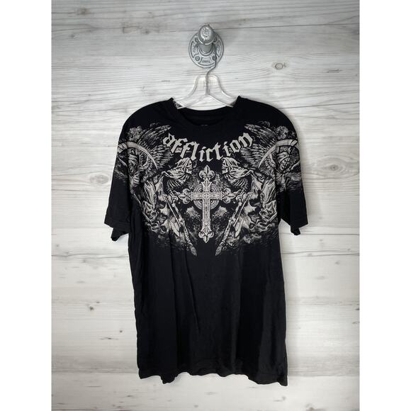 Affliction Shirt Mens Extra Large Black Graphic Cross Angels Skull Gothic Tee - Picture 1 of 8